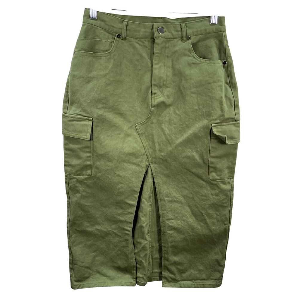 Blue Rain Francescas Olive Green Cargo Midi Skirt Front‎ Slit Cotton Womens M